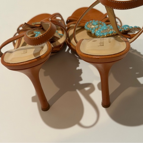 Kate Spade Tan 3in Heeled Sandals Leather with Turquoise Gemstones Size 8 Italy - Picture 5 of 10